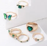 Green Emerald Crystal Butterfly Heart Snake Finger Ring (6 pcs)
